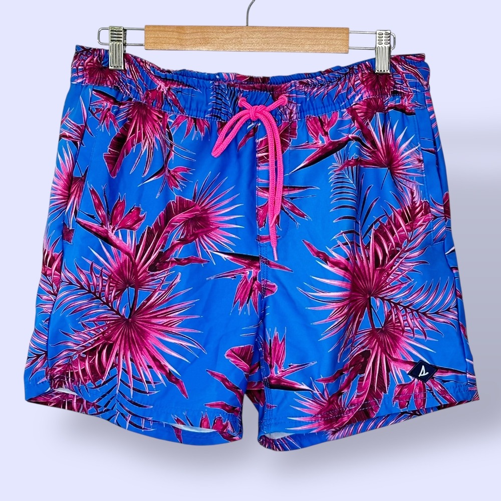 Sperry‎ Swim Trunks Tropical Print Swim Shorts Pockets Blue Pink Liner Size Med